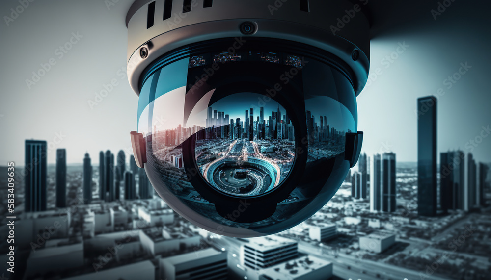 Security camera on the corner of a modern building. Based on Generative AI Security camera on the corner of a modern building. Based on Generative AI