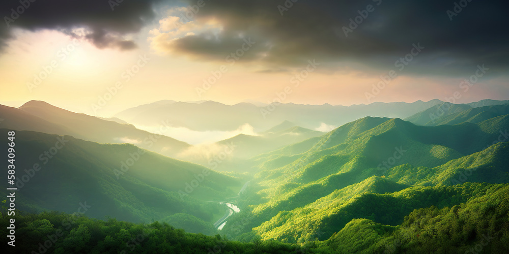 beautiful fantasy magical sunrise in the green mountains, generative ai