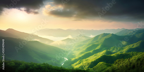 beautiful fantasy magical sunrise in the green mountains, generative ai © Gbor