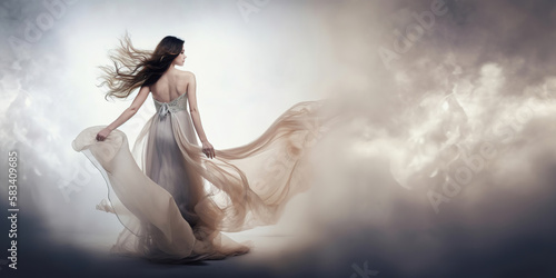 portrait of a beautiful woman in long silky dress on a fantasy blurred smoke background, generative ai