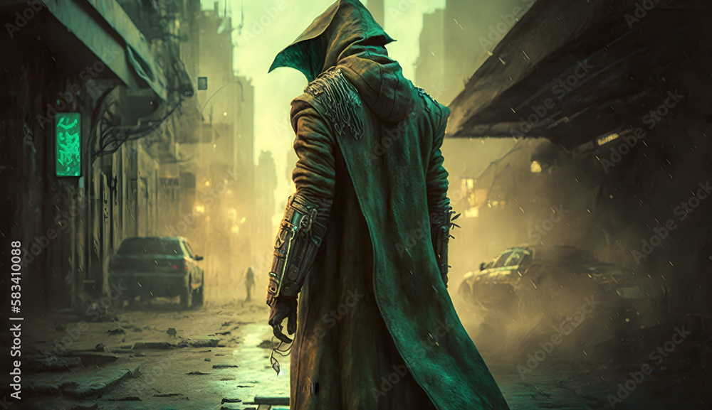 dark gritty, post apocalyptic western, a gunslinger in a worn malachite trench coat walks a deserted street, cybernetic arm, wallpaper, illustration of a person in a background, Generative AI dark gritty, post apocalyptic western, a gunslinger in a worn malachite trench coat walks a deserted street, cybernetic arm, wallpaper, illustration of a person in a background, Generative AI