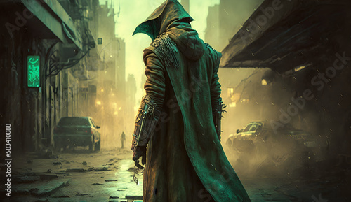 dark gritty, post apocalyptic western, a gunslinger in a worn malachite trench coat walks a deserted street, cybernetic arm, wallpaper, illustration of a person in a background, Generative AI 