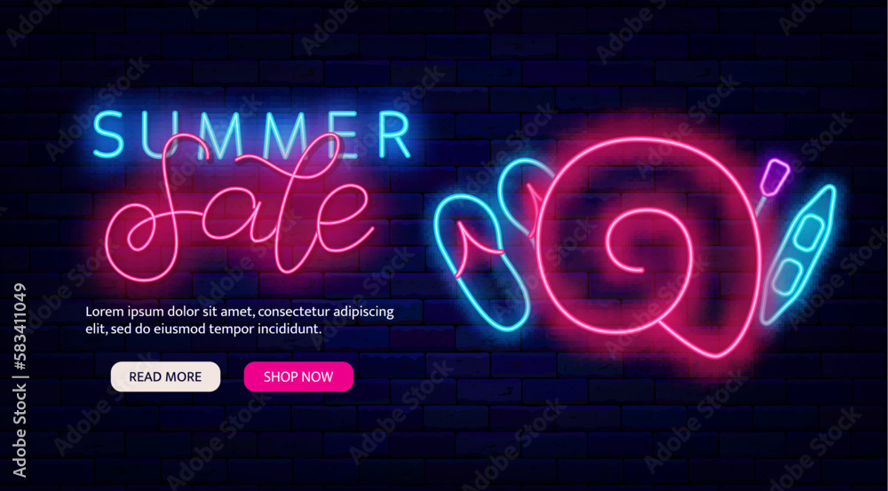 Summer sale neon flyer on brick wall. Boat, sea shell and slates. Season summer advertising. Vector stock illustration Summer sale neon flyer on brick wall. Boat, sea shell and slates. Season summer advertising. Vector stock illustration