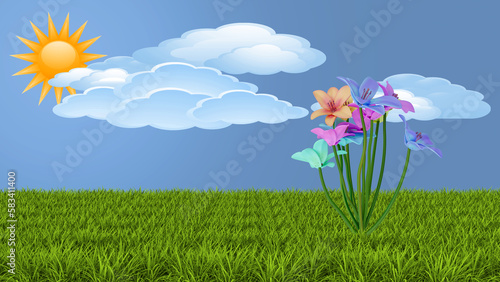 Illustrazione 3D. Primavera  estate. Fiori  fiore su prato verde con sfondo cielo  sole  nuvole..