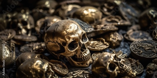 Lost treasure of pirates in the Caribbean jungle swamps, gold skulls and coins embedded in wet mud, root of all evil, adventurers death, macro closeup - generative AI