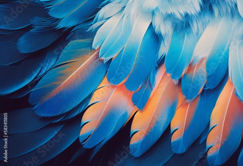 Blue and coral pink feathers. Abstract background. Fashion concept. AI generated graphic design. photo