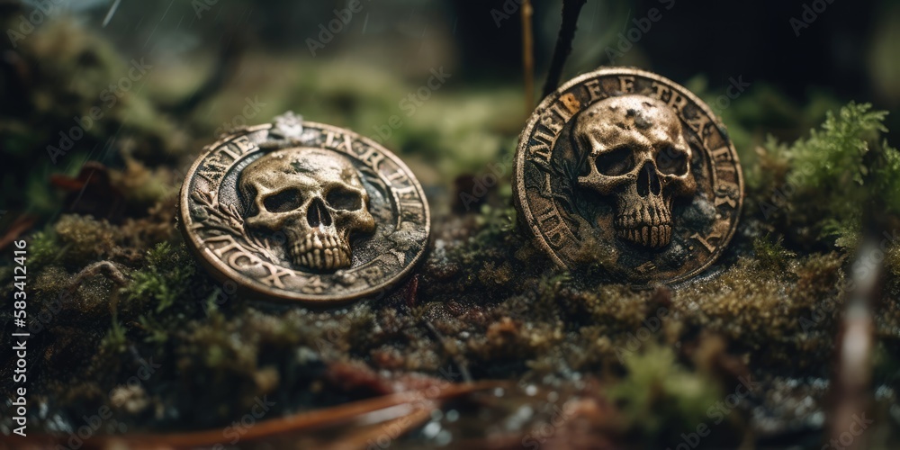 Lost treasure of pirates in the Caribbean jungle swamps, gold skull relief coins, embedded in wet mud, root of all evil, adventurers death, macro closeup - generative AI