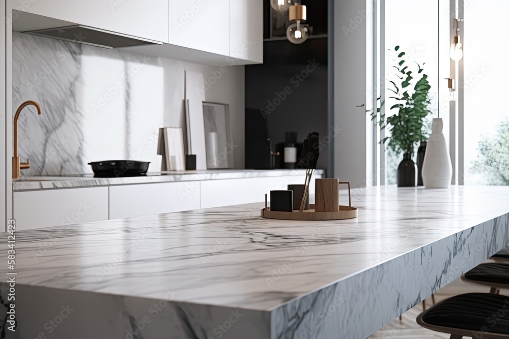 Close up of a marble table top in a white modern kitchen with built in ...