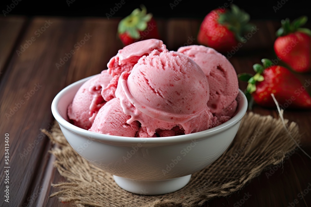 Delicious and refreshing ice cream made with ripe, juicy strawberries that have been carefully selected for their sweetness and quality. Generative AI Delicious and refreshing ice cream made with ripe, juicy strawberries that have been carefully selected for their sweetness and quality. Generative AI