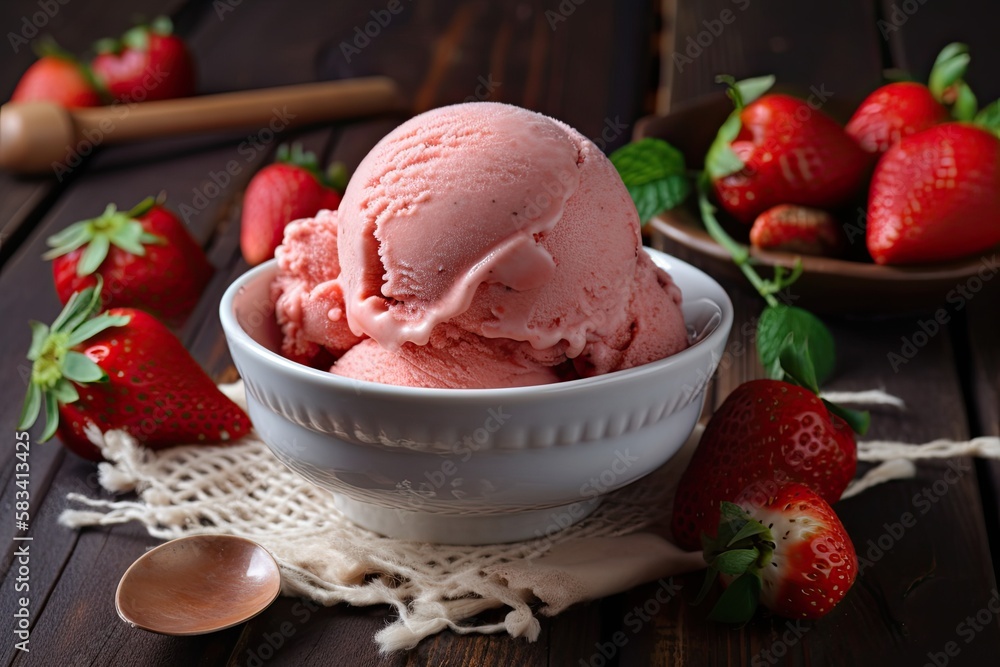 Delicious and refreshing ice cream made with ripe, juicy strawberries that have been carefully selected for their sweetness and quality. Generative AI Delicious and refreshing ice cream made with ripe, juicy strawberries that have been carefully selected for their sweetness and quality. Generative AI