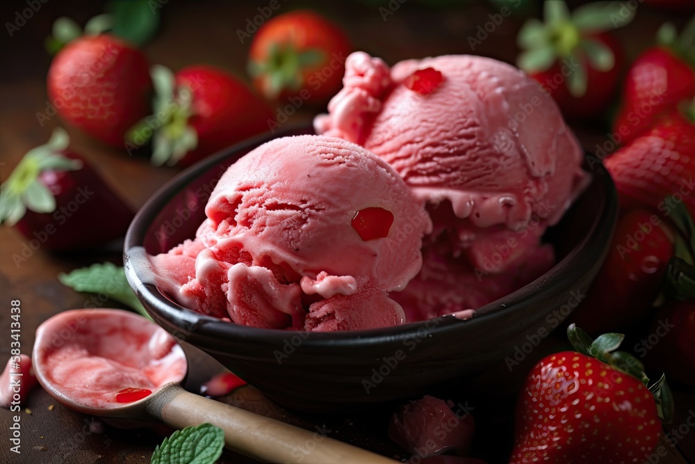 Delicious and refreshing ice cream made with ripe, juicy strawberries that have been carefully selected for their sweetness and quality. Generative AI Delicious and refreshing ice cream made with ripe, juicy strawberries that have been carefully selected for their sweetness and quality. Generative AI