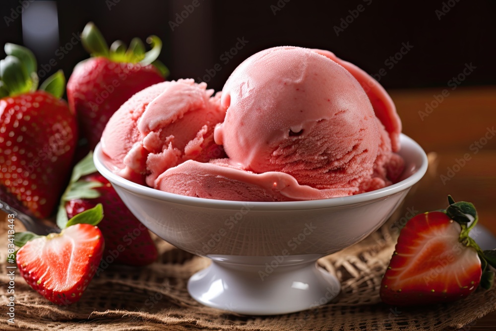 Delicious and refreshing ice cream made with ripe, juicy strawberries that have been carefully selected for their sweetness and quality. Generative AI Delicious and refreshing ice cream made with ripe, juicy strawberries that have been carefully selected for their sweetness and quality. Generative AI