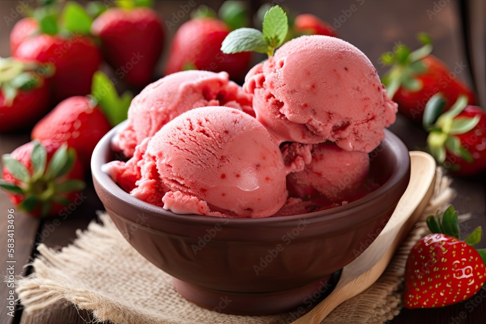Delicious and refreshing ice cream made with ripe, juicy strawberries that have been carefully selected for their sweetness and quality. Generative AI Delicious and refreshing ice cream made with ripe, juicy strawberries that have been carefully selected for their sweetness and quality. Generative AI