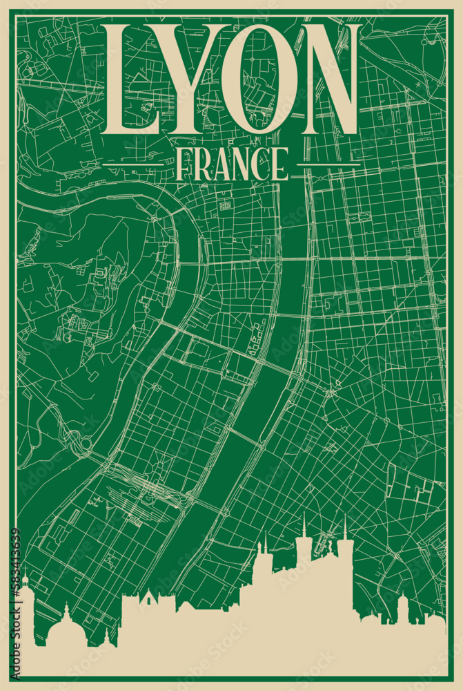 Green hand-drawn framed poster of the downtown LYON, FRANCE with highlighted vintage city skyline and lettering Green hand-drawn framed poster of the downtown LYON, FRANCE with highlighted vintage city skyline and lettering