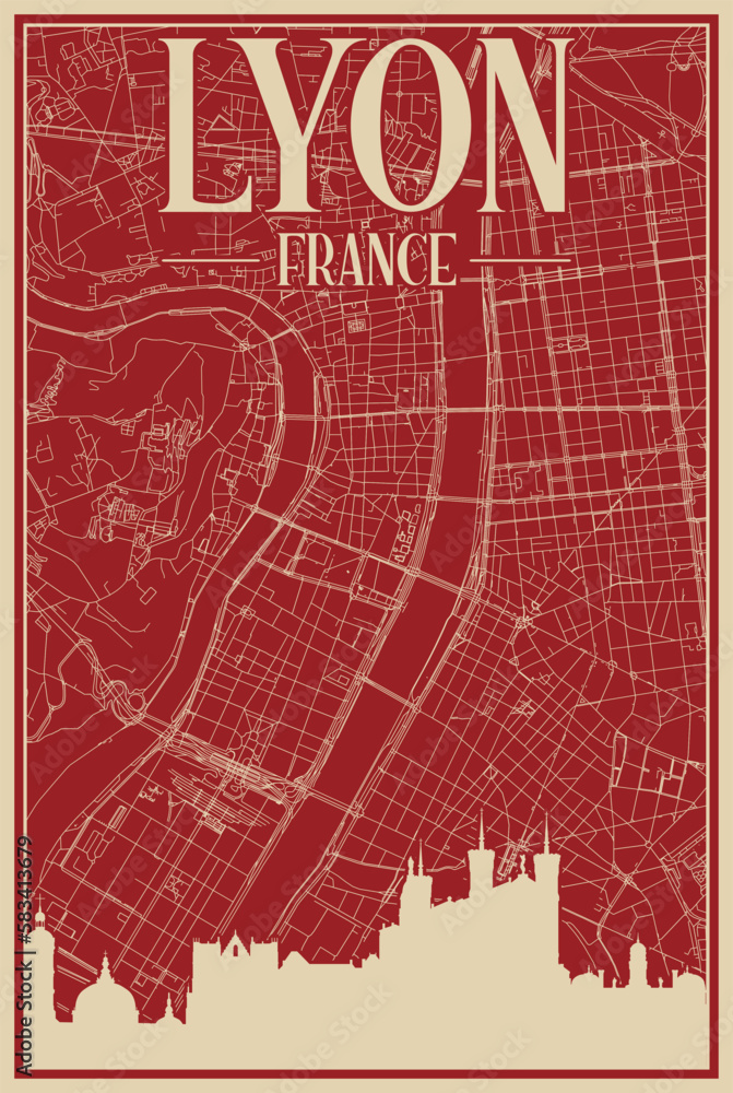 Red hand-drawn framed poster of the downtown LYON, FRANCE with highlighted vintage city skyline and lettering