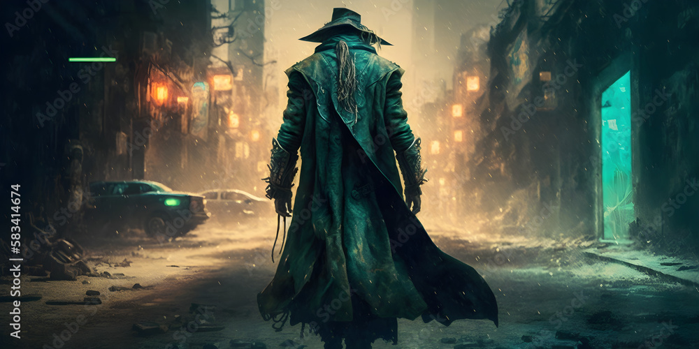 dark gritty, post apocalyptic western, a gunslinger in a worn malachite trench coat walks a deserted street, cybernetic arm, wallpaper, illustration of a person in a background, Generative AI	