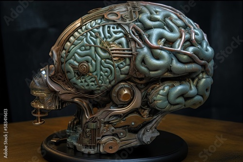 Fusion of organic and mechanical elements creates a cyborg biomechanical brain. The human brain is replaced by metal pistons, gears, and other machine parts while still retaining muscles and tendons.