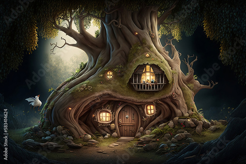 dwarves house in tree, generative ai © jambulart