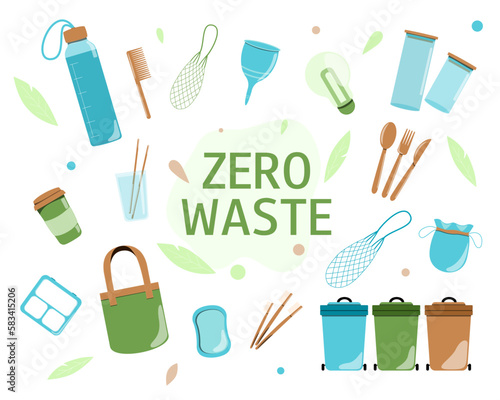 Zero waste concept. Collection of durable and reusable items or products. Eco lifestyle. Flat vector illustration. 