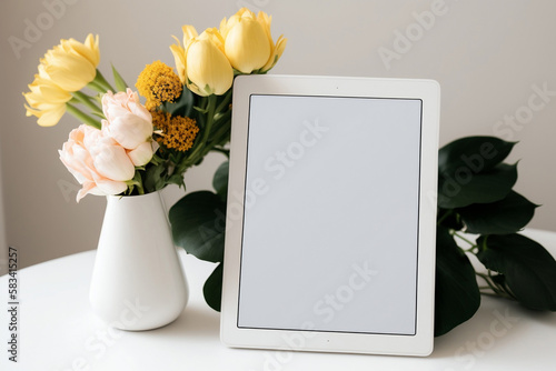 tablet mockup with flowers, generative ai photo