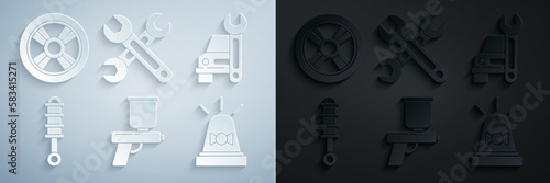 Set Paint spray gun, Car service, Shock absorber, Flasher siren, Wrench and wheel icon. Vector