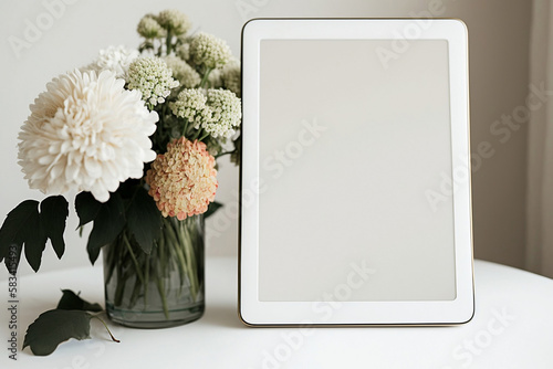 tablet mockup with flowers, generative ai photo