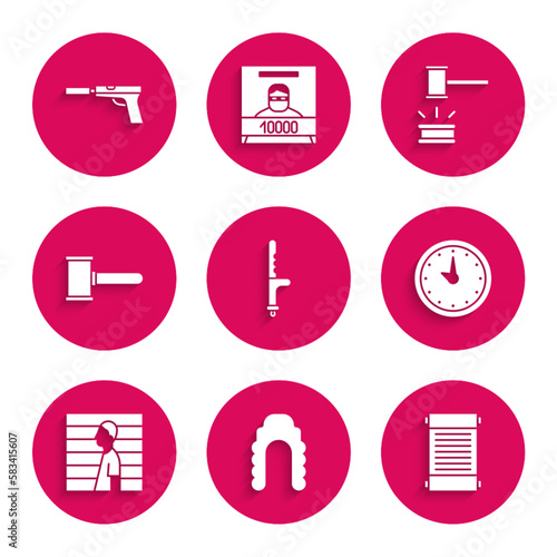 Set Police rubber baton, Judge wig, Decree, paper, parchment, scroll, Clock, Suspect criminal, gavel, and Pistol or gun with silencer icon. Vector