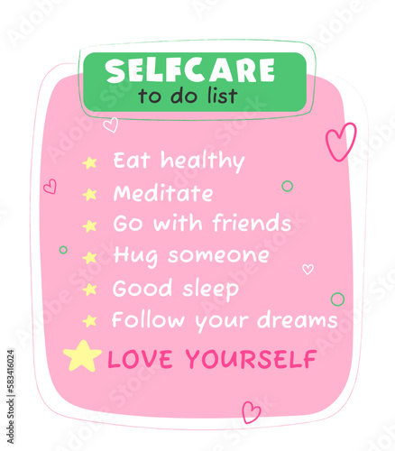Cute to do list for girls about selfcare. Vector illustration design on pink background.