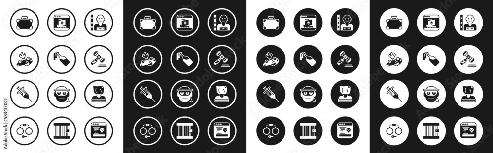 Set Suspect criminal, Cocktail molotov, Burning car, Briefcase and money, Judge gavel, Internet piracy, Kidnaping and Syringe icon. Vector Set Suspect criminal, Cocktail molotov, Burning car, Briefcase and money, Judge gavel, Internet piracy, Kidnaping and Syringe icon. Vector