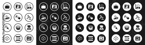 Set Suspect criminal, Cocktail molotov, Burning car, Briefcase and money, Judge gavel, Internet piracy, Kidnaping and Syringe icon. Vector