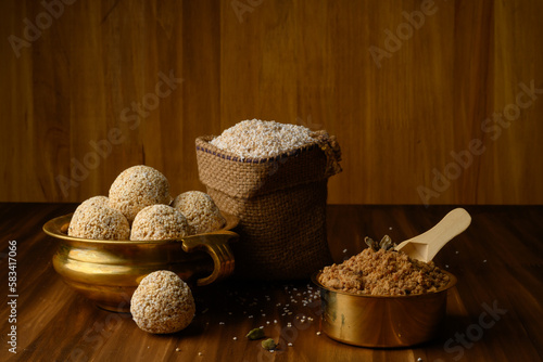 Amaranth ladoo or Rajgira laddu or Cholai ke laddo in brass bowl with jaggery
rajgeera  photo