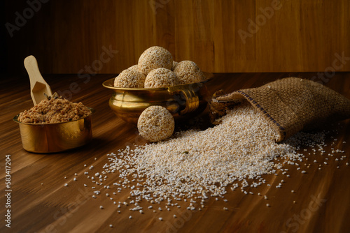 Amaranth ladoo or Rajgira laddu or Cholai ke laddo in brass bowl with jaggery
rajgeera  photo