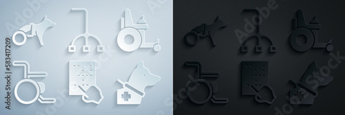 Set Braille, Electric wheelchair, Wheelchair, Guide dog, Walking stick cane and Dog icon. Vector