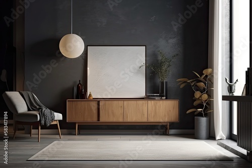 View of the front of a dark living room with a white poster on the wall that is empty, a sideboard, candles, a curtain, a grey wall, books, lamps, dishes, and a concrete floor. minimalist design princ