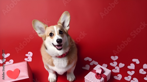 AI Generated, Valentine day background for samoyed, cat, shiba, corgi lover with gift box and various red hearts. flat lay style greeting composition.