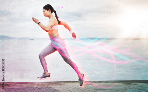 Fitness, exercise and woman running, hologram and promenade for workout, wellness or healthy lifestyle. Female runner, athlete or girl training, holographic or track progress for pulse or endurance