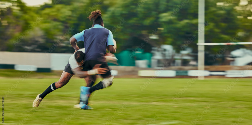 Rugby, tackle and action, black man running to score goal on field at game, match or practice workout. Sports, fitness and motion, player in action and blur on grass with energy and skill in sport.
