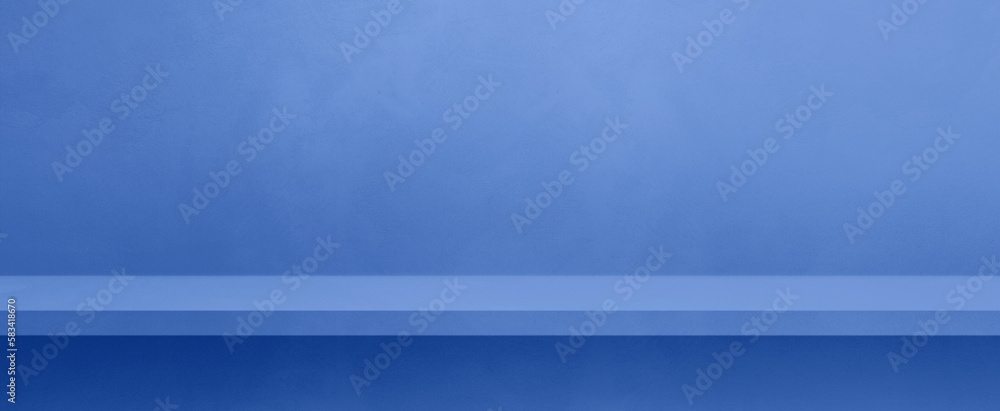Empty shelf on a lilac blue concrete wall. Background template. Horizontal banner mockup Empty shelf on a lilac blue concrete wall. Background template. Horizontal banner mockup