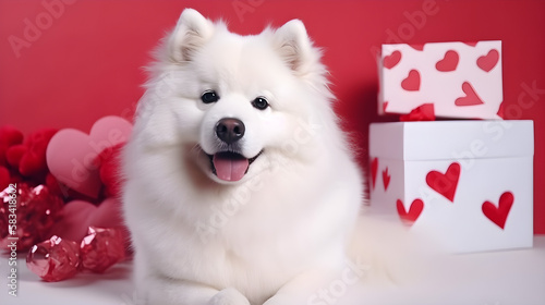 AI Generated, Valentine day background for samoyed, cat, shiba, corgi lover with gift box and various red hearts. flat lay style greeting composition.