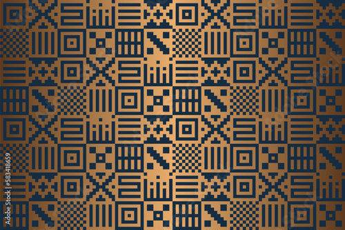 Seamless vector ethnic geometric golden pixel pattern. Abstract mexican background with gold bronze texture. Copper graphic print. Repeating folk sacral grid. Aztec native luxury wrapping paper