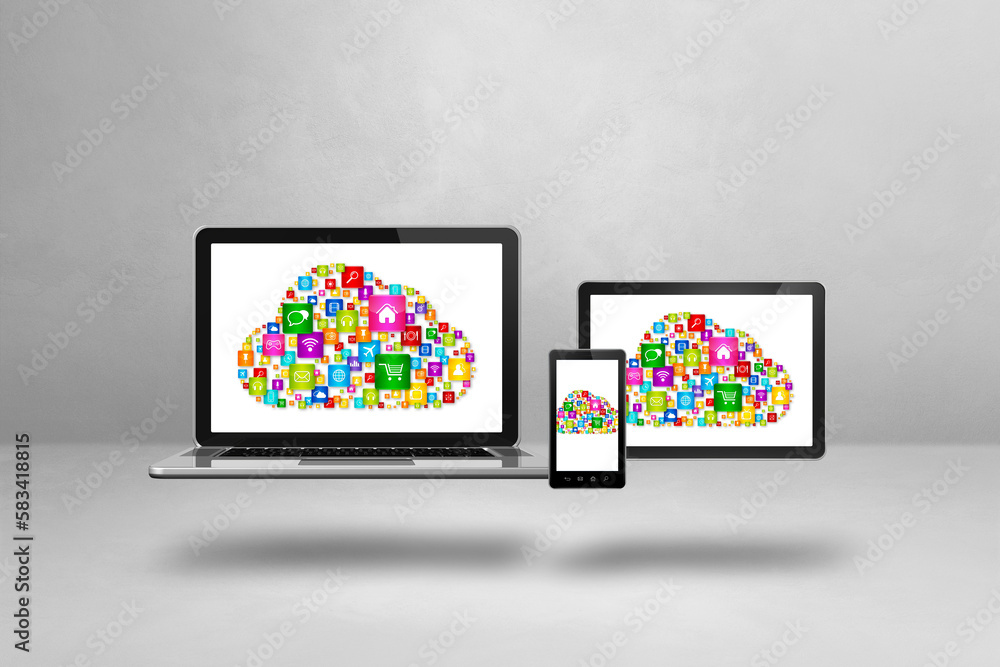 Cloud computing symbol and icons on a computer set Cloud computing symbol and icons on a computer set