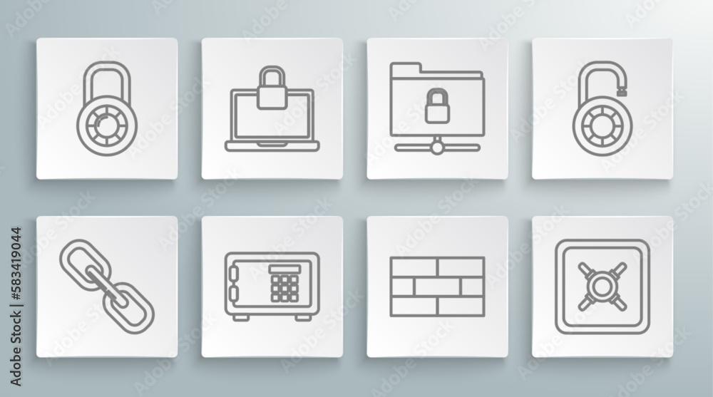 Set line Chain link, Laptop and lock, Safe, Bricks, FTP folder, combination wheel and icon. Vector Set line Chain link, Laptop and lock, Safe, Bricks, FTP folder, combination wheel and icon. Vector
