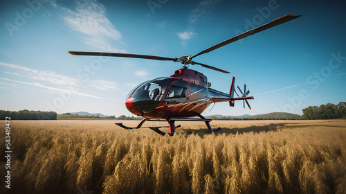 Helicopter. Brandless helicopter in the wheat field with blue sky background. 3d rendering. Generative AI technology.