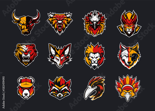 Sports team logo set, cartoon angry animal heads emblem collection, wild animal face labels bundle for modern esport logo. Vector illustration