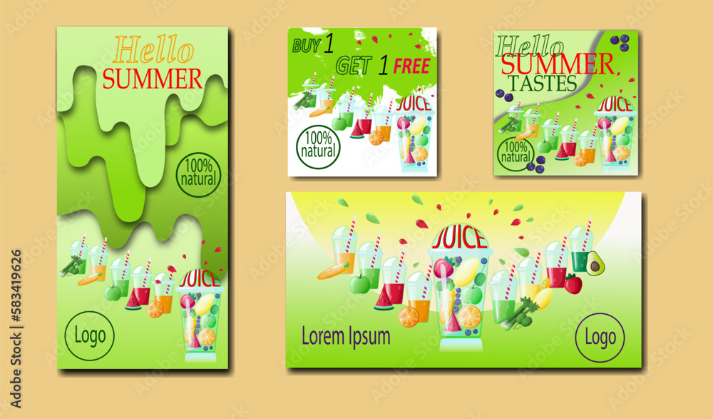 Drink social media post template vector. Set of banners for juice menu,  posters for smoothie bar, organic products, healthy lifestyle. Vector illustration of Summer  fresh Drink