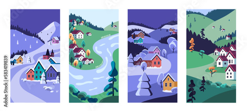 Rural landscapes set. Countryside nature with houses, hills, vertical cards. Village, country homes, mountains in winter and summer. Outdoor sceneries with snow, grass, trees. Flat vector illustration