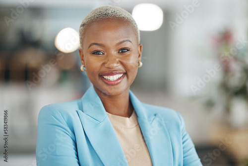 Face portrait, manager and happy black woman, business leader or employee smile for startup company success. Management, corporate person and headshot of female, bank admin or professional consultant photo