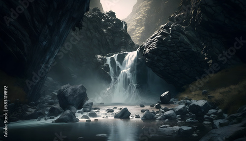 Fantasy landscape with waterfall in the mountains. 3d illustration.. Generative AI technology.