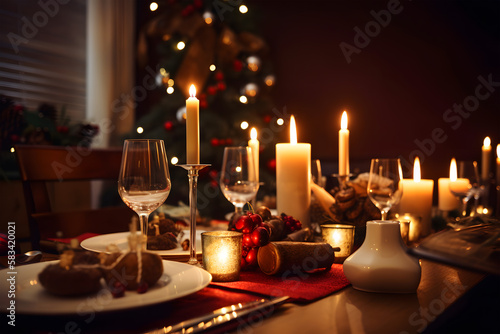 Christmas table setting with candles and Christmas tree on background. Selective focus. Generative AI technology.