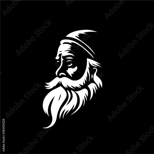 Bearded old man bust logo template, Santa Claus monument emblem, sage stamp, grandfather tattoo sketch. Hand drawing emblem on black background for body art, monochrome art. Vector illustration